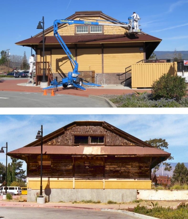 freighthouse being painted and freighthouse before paint